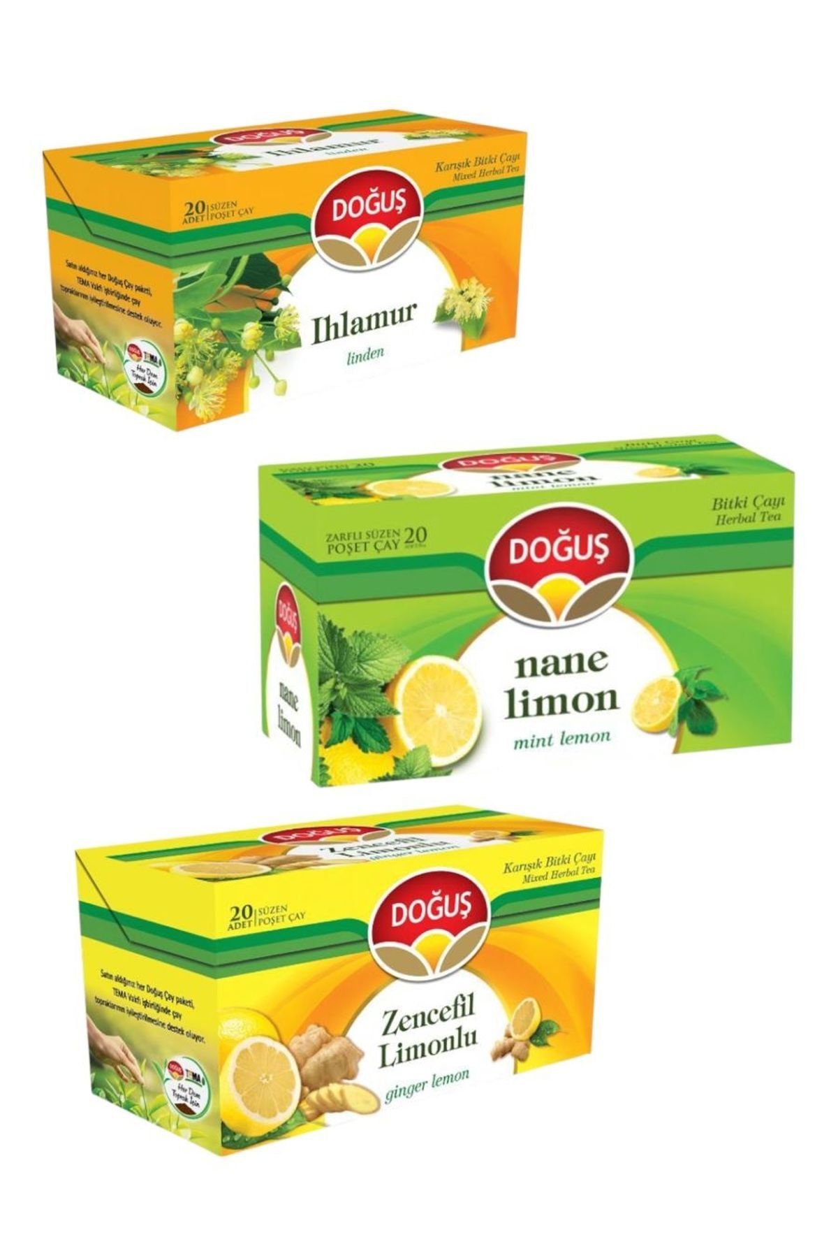 Doğuş bitki çayları (Ihlamur, Nane Limon ve Zencefil Limon) 3 x 20'li