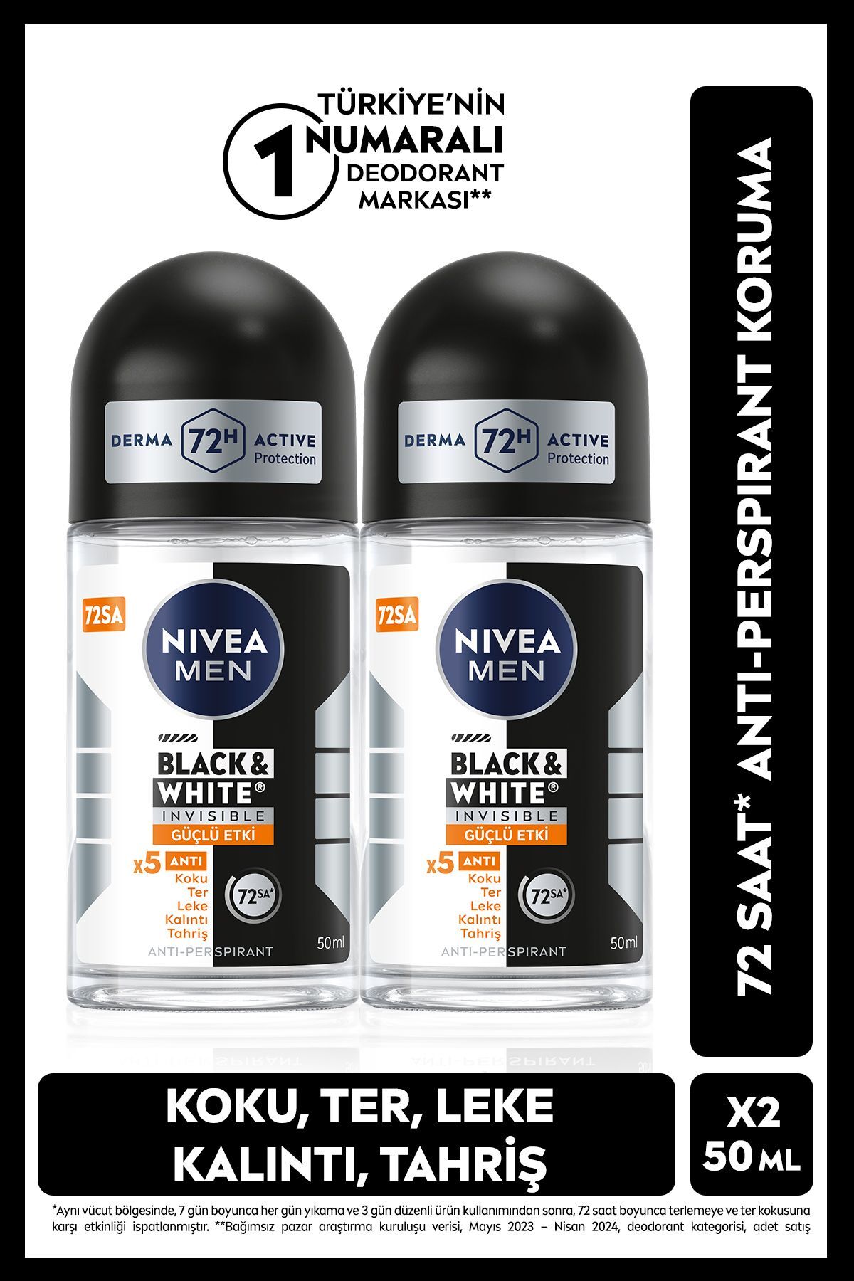 MEN Erkek Roll on Deodorant Black&White Invısıble Güçlü Etkit 50ml,2'li Avantajlı Paket