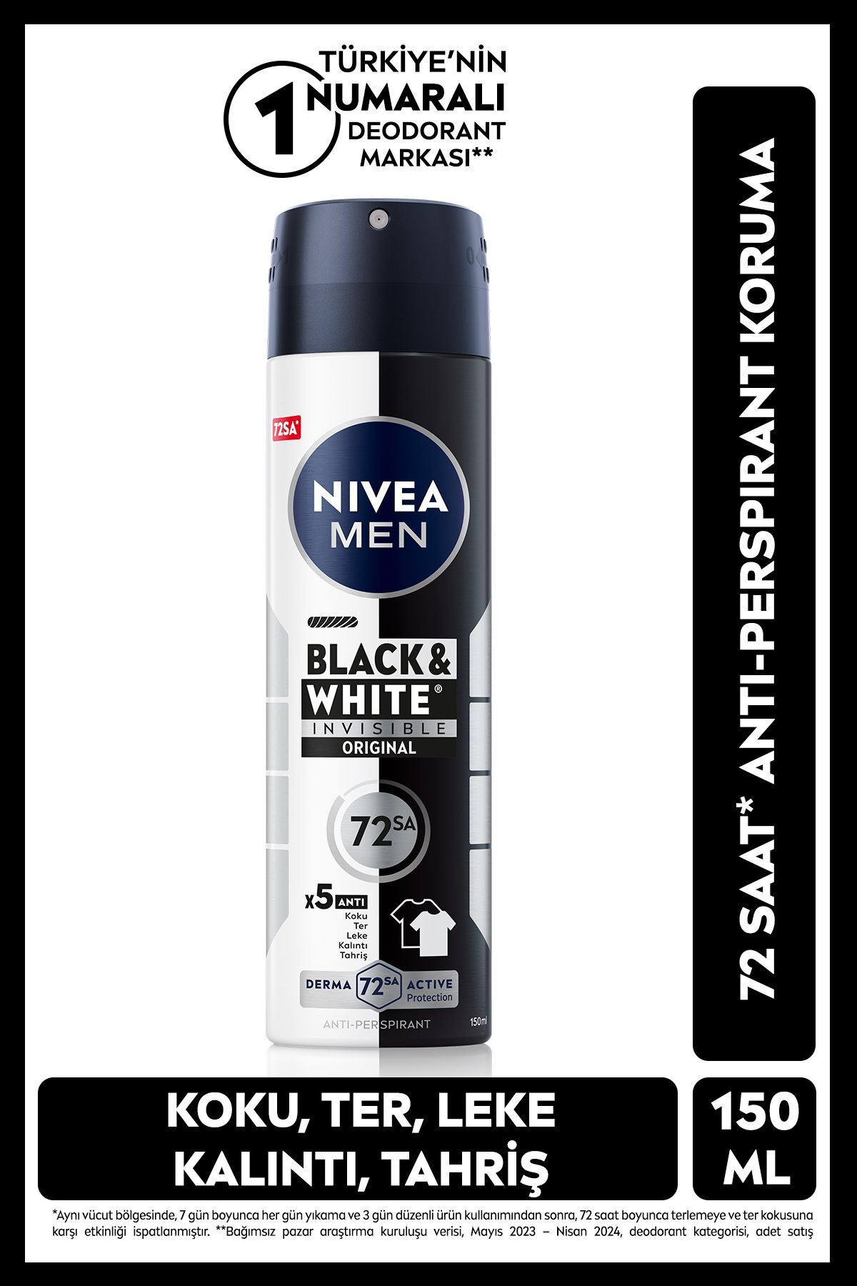 MEN Erkek Sprey Deodorant Black&White Invisible Original 150ml, 72 Saat Anti-perspirant Ter Koruma