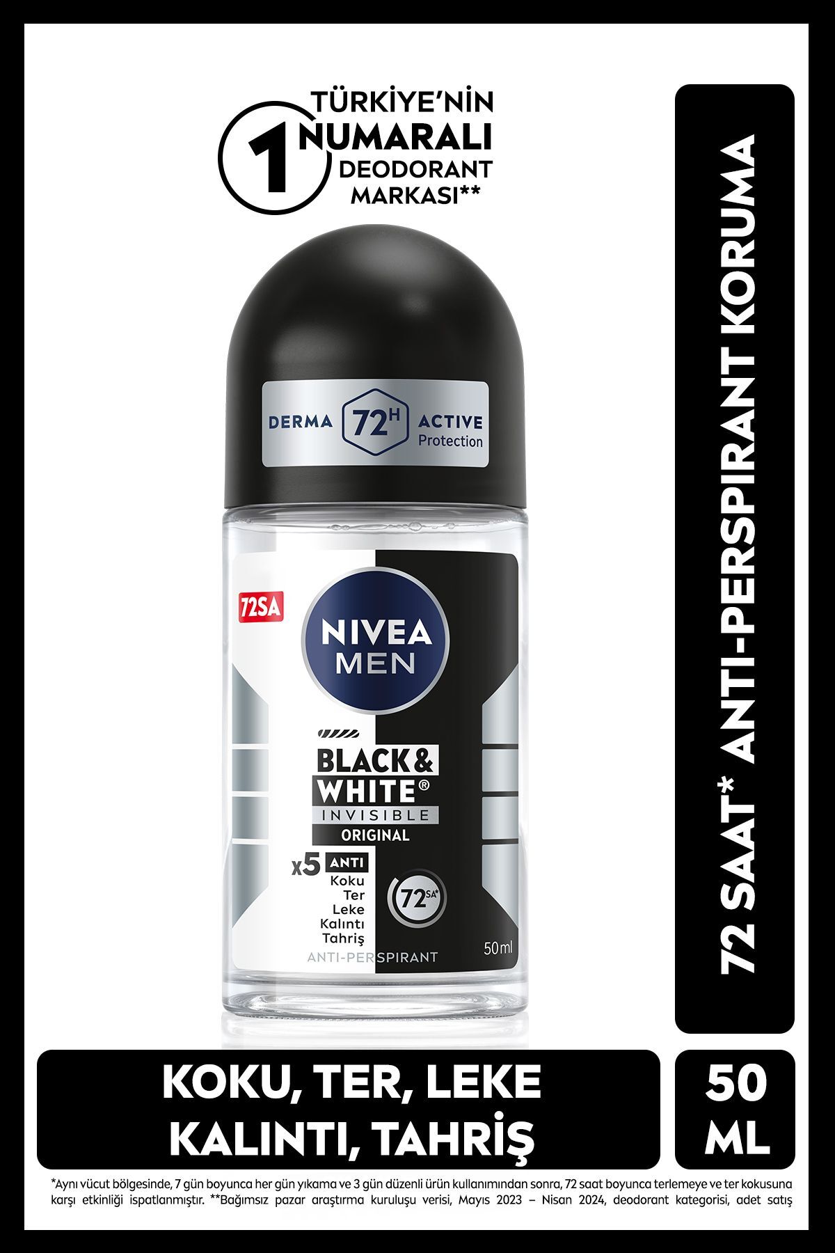 MEN Erkek Roll On Deodorant Black&white Invisible Original 50ml, 72 Saat Anti-perspirant Koruma